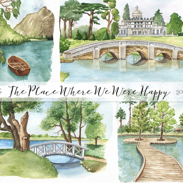 Watercolor Nature Landscape Clipart. The Landscape By The Lake. Bridge, Wooden Dock, Boat PNG. Spring, Summer Wedding Scene Creator Clipart