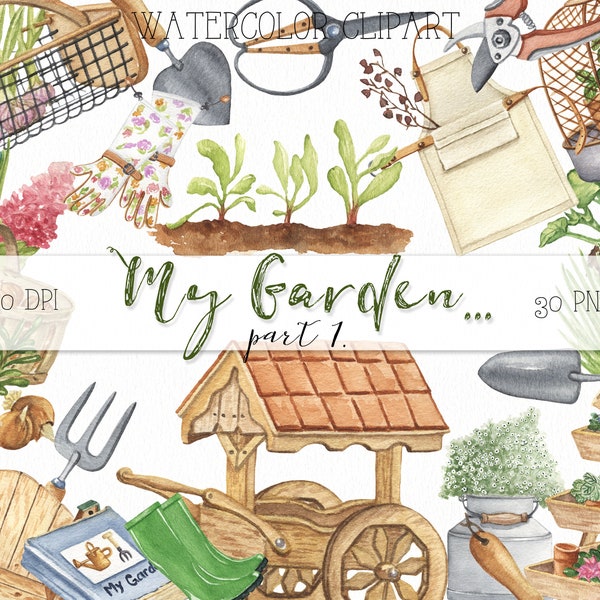 Watercolor Gardening Clipart. Spring Garden, Rustic Garden, Farmhouse Clipart. Potted Plants, Greenery, Vegetable, Flower, Garden Tools PNG