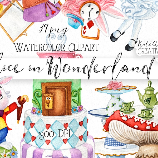 Watercolor Alice In Wonderland Sweets Clipart. Kids Party Clipart. Cake, Cupcake, cookie, Cup of Tea, Teapot PNG. Fairy Decor Clipart.