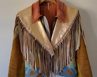 80s 90s Amazing Vintage Gold Fringe Leather Biker Jacket Gold 
