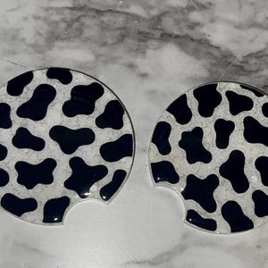 Resin Cow Print Car Coasters | Handmade Glitter Western Car Accessories | Cup Holder Inserts