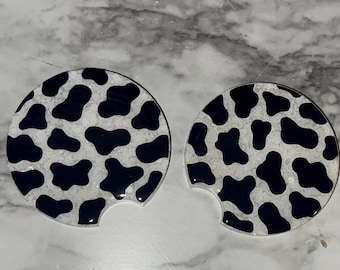 Resin Cow Print Car Coasters | Handmade Glitter Western Car Accessories | Cup Holder Inserts