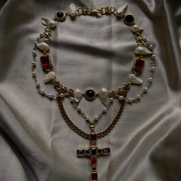 THE ALTAR Victorian Style Necklace, Made with 14k Gold Filled Micro Pave CZ Charms, 14k Gold Filled Latin Cross, Freshwater Baroque Pearls.