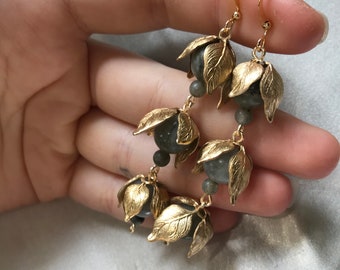 Fairy Earrings - Jade and Brass Flower Earrings - Gold Plated Hooks - Handcrafted in Massachusetts