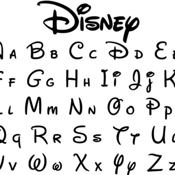Op de afbeelding: Zwart-wit alfabet in een Disney-lettertype. De letters zijn in hoofdletters en kleine letters. Het woord "Disney" staat bovenaan de afbeelding in een gestileerd lettertype.