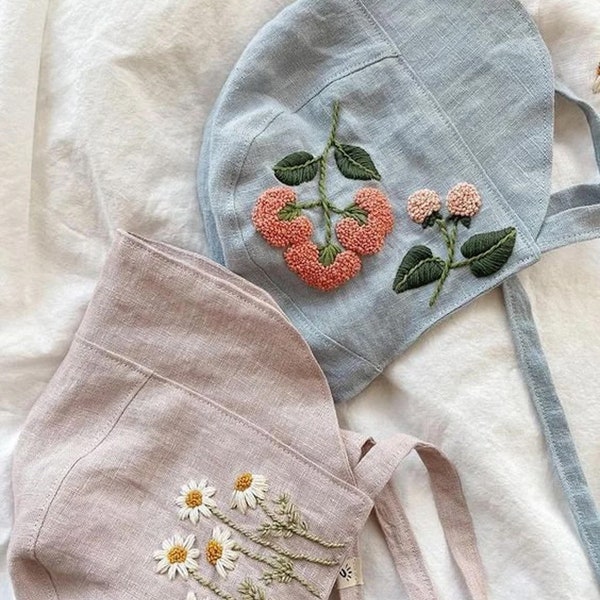 Hand Embroidered Linen Bonnet, Linen Baby Bonnet With Floral Embroidered, Embroidery Baby Bonnet, Linen Baby Sunbonnet, Baby Bonnet