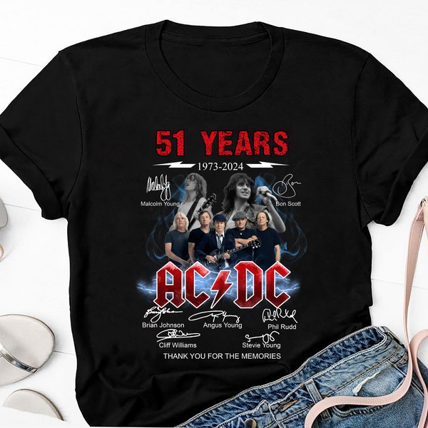 Camicia vintage 51 anni AC/DC 1973-2024, Camicia unisex Ac/dc Band, Camicia anniversario ACDC firmata per gli amanti dei fan, Camicia Ac/dc Band Tour 2024