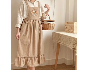 Apron Dress for Women Linen Cotton, Hand Embroidered Apron, Vintage Linen Apron, Embroidery Linen Apron With Flower