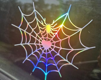 Holographische Spinnennetz-Herz-Auto-Aufkleber - Vinyl-Aufkleber für Fahrzeug Cob Web, Holo-Autolackierung, Halloween-Gothic glänzender Aufkleber für Auto 13 x 11,6 cm
