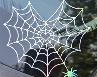 Holographic Spider Web Heart Decal - Cob Web Vinyl Decal For Car, Holo Car livery, Halloween Gothic, Shiny Sticker for Vehicle, 5 x 4.7 In