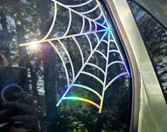 Holographic Spider Web Vinyl Decal 2 Pack - Half Web Vinyl Sticker for Car, Window Decal for Halloween, Goth Car Livery, Windshield Sticker