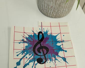 Treble Clef Paint Splatter Vinyl Decal for Car - Vehicle Sticker, Art and Music Car Decal, 3 Layer decal, Vibrant Purple and Turquoise, Cool