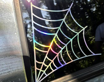 Holographic Spider Web Vinyl Decal 2 Pack - Vinyl Sticker for Car, Window Decal for Halloween, Goth Car Livery, Windshield Sticker Corner