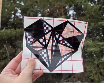 Geometric Heart Vinyl Decal - Checkerboard and Daisy Patterned Vinyl in Black Stained Glass Heart Shape, Sticker for Car, Fun Window Sticker
