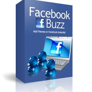 May include: A blue software box with the text "Facebook Buzz" and the Facebook logo. The box shows a laptop with the Facebook logo on the screen and blue icons of people with plus signs.