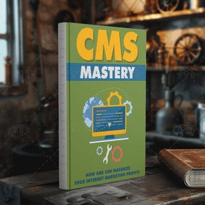 May include: A book titled "CMS Mastery" with a green cover and yellow and blue text. The cover features a computer screen graphic, a globe, and tools. The book is on a wooden surface next to a brown book.