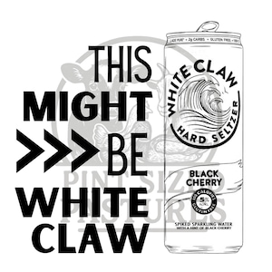 Puede incluir: Imagen en blanco y negro de una lata de White Claw Hard Seltzer. La lata presenta el logotipo de White Claw y las palabras "Black Cherry". El texto en la lata dice "Spiked Sparkling Water with a hint of Black Cherry". Tambi&eacute;n est&aacute; presente el texto "This Might Be White Claw".