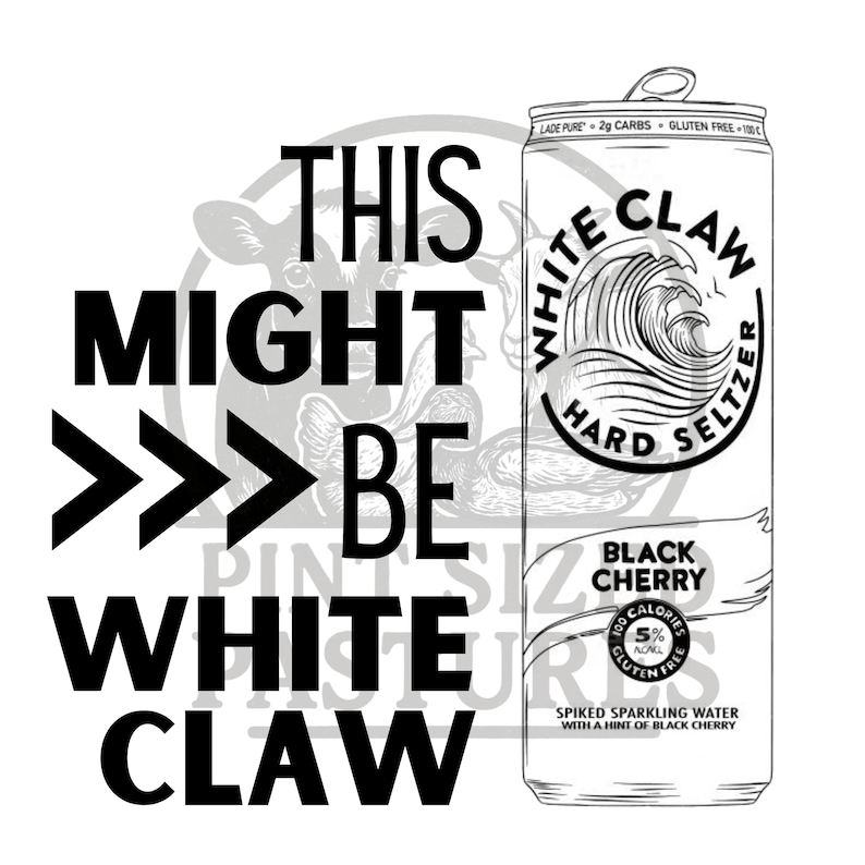 Puede incluir: Imagen en blanco y negro de una lata de White Claw Hard Seltzer. La lata presenta el logotipo de White Claw y las palabras "Black Cherry". El texto en la lata dice "Spiked Sparkling Water with a hint of Black Cherry". Tambi&eacute;n est&aacute; presente el texto "This Might Be White Claw".