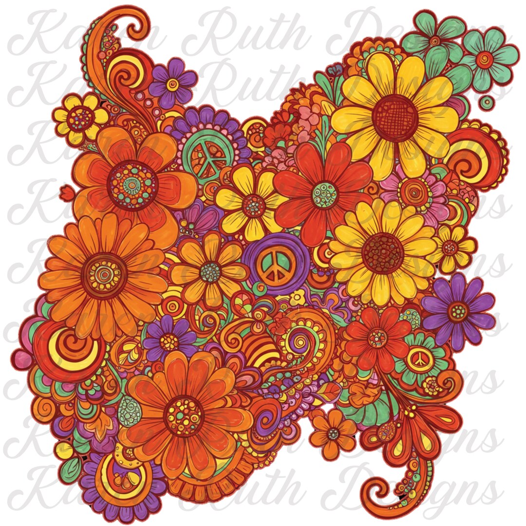 70s Hippie Floral DTF Transfer: Retro Flower Power Print - Etsy