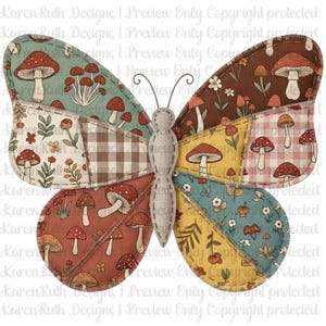 May include: A whimsical butterfly design with patchwork wings. The wings feature various patterns, including mushrooms, floral prints, and gingham. The color palette includes shades of brown, red, green, and yellow. The butterfly's body is a neutral gray.