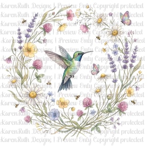 May include: Watercolor illustration of a hummingbird in flight, surrounded by a wreath of wildflowers, lavender, daisies, and butterflies. Bees are also present. The color palette includes greens, purples, yellows, and pinks.