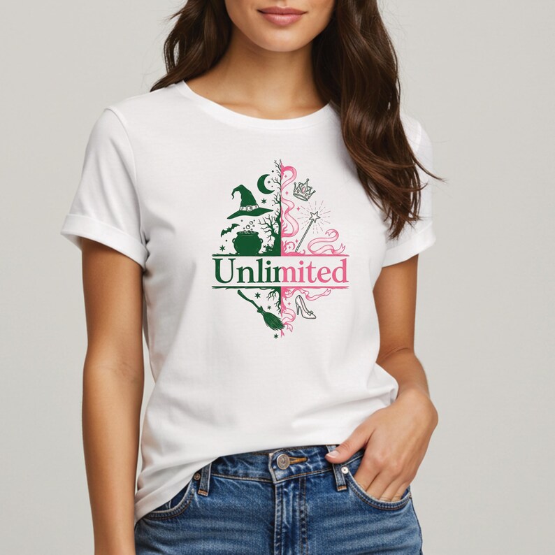 May include: White t-shirt with a graphic design featuring a witch's hat, cauldron, and broom on the left, and a crown, wand, and high heel on the right. The word "Unlimited" is printed in the center.