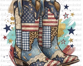 Patriotic Cowgirl Boots DTF Transfer, Western USA PNG, Americana Cowboy Boot Ready to Press Heat Transfer Design