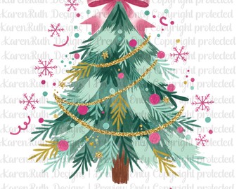 O Come Let Us Adore Him Christmas Tree Direct to Film Ready to Press transfer | Pink Bow Christmas Shirt Design | Faith-Based Holiday
