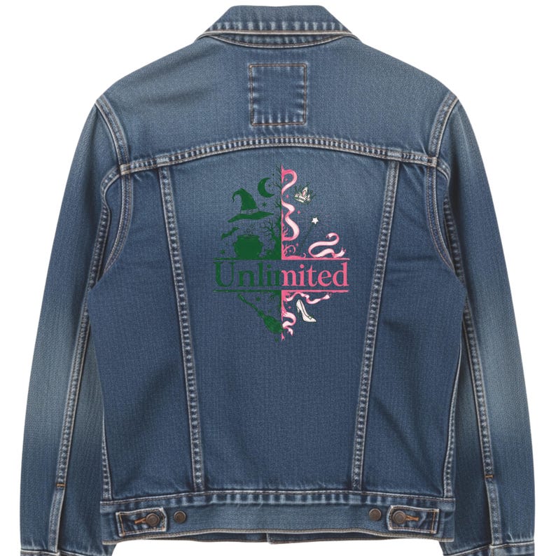 May include: A blue denim jacket with a graphic design on the back. The design features the word "Unlimited" in green and pink, along with witch-themed and fantasy-themed illustrations. The jacket has a classic collar, button closures, and pockets.