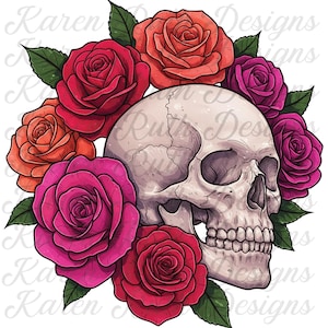 Roses and Skull DTF Transfer Ready to Press Heat Transfer Hand drawn roses and Skull Direct to Film Ready to press