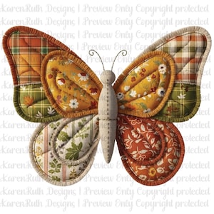 May include: A decorative butterfly with patchwork wings in autumn colors. The wings feature various patterns, including floral, plaid, and leaf designs. The butterfly's body is a light beige color, and the antennae are thin black lines.