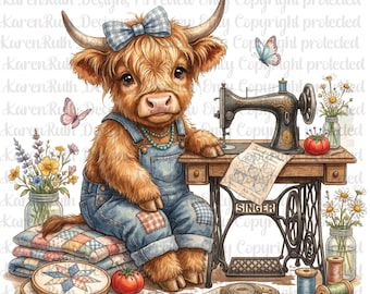 Quilting Highland Cow DTF Transfer Ready to Press | Vintage Sewing Cow Heat Transfer | Farmhouse Quilter Shirt Design