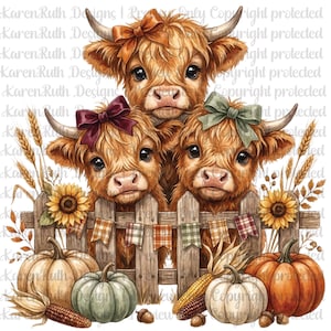 May include: Three fluffy Highland cows with bows behind a wooden fence decorated with a plaid banner. The scene includes sunflowers, wheat stalks, pumpkins in orange, white, and green, and corn cobs. The text KarenRuth Designs is overlaid.