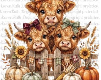 May include: Three fluffy Highland cows with bows behind a wooden fence decorated with a plaid banner. The scene includes sunflowers, wheat stalks, pumpkins in orange, white, and green, and corn cobs. The text KarenRuth Designs is overlaid.