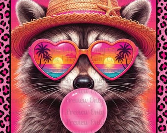 Beach Babe Raccoon DTF Transfer, Neon Tropical Summer Design, Pink Leopard Print Sunglasses Graphic, Ready to Press Shirt Transfer