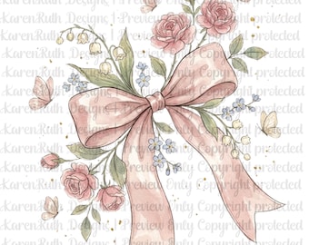 Coquette Floral Bow DTF Transfer, Pink Ribbon Butterfly Design, Vintage Shabby Chic Flower Graphic, Ready to Press Heat Transfer