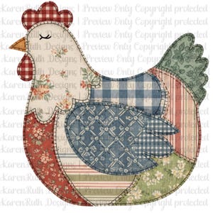 May include: A patchwork chicken design with various fabric patterns, including floral, gingham, and striped. The chicken features a red comb and wattle, a yellow beak, and closed eyes. The design is stitched together with black thread.