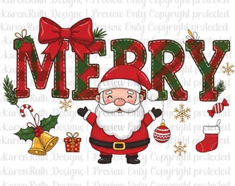 Merry Direct to Film Ready to Press DTF Transfer | Plaid Christmas Santa DTF | Cute Holiday Shirt transfer