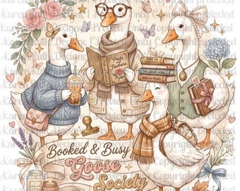 Booked & Busy Goose Society DTF Transfer, Coquette Book Club Goose, Cute Reader Shirt Transfer, Ready to Press