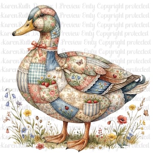 May include: A watercolor illustration of a duck with a patchwork body featuring various floral, gingham, and striped patterns in shades of blue, pink, and cream. The duck has two pockets containing strawberries and is surrounded by wildflowers.