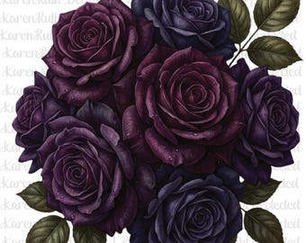 Dark Rose Floral DTF Transfer, Moody Gothic Flower Design, Vintage Purple Rose Bouquet Graphic, Ready to Press Heat Transfers