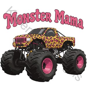 May include: A pink and yellow monster truck with a leopard print design. The truck has large tires and says "Monster Mama" in pink letters.