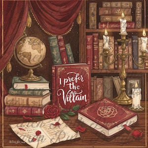 May include: An illustration of a cozy library scene with a globe, books, and candles. A red book with the text "I prefer the Villain" is prominently displayed. A rose and scattered petals add a romantic touch to the composition.