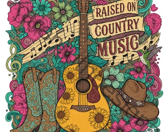 Raised On Country Music DTF Transfer: Western Cowgirl Shirt Design