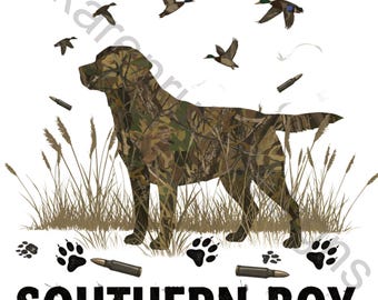 Camo Hunting Dog DTF Transfer: Southern Boy Ready to Press