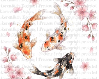 Koi Fish Cherry Blossom DTF Transfer, Watercolor Koi Shirt Design, Japanese Aesthetic Floral Ready to Press Transfer PNG