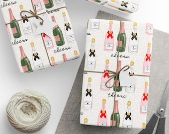 Inpakpapier champagnefles, Feestelijk inpakpapier, Cadeaupapier voor de feestdagen, Cheers-cadeaupapier