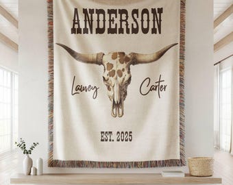 Personalized Western Wedding Woven Blanket, Longhorn Anniversary Gift, Custom Western Wedding CottonThrow, Rustic Wedding Gift