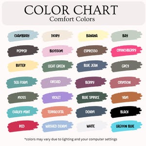 Pu&ograve; includere: Una tabella colori Comfort Colors con ventiquattro campioni di vernice rettangolari in varie tonalit&agrave;. Ogni campione &egrave; etichettato con nomi tra cui Chambray, Ivory, Banana, Bay, Pepper, Blossom, Espresso, Crunchberry, Butter, Light Green, Blue Jean, Grey, Sea Foam, Orchid, Berry, Crimson, Moss, Violet, Blue Spruce, Yam, Chalky Mint, Terracotta, Denim, Black, Red, Washed Denim, White e Lagoon Blue.
