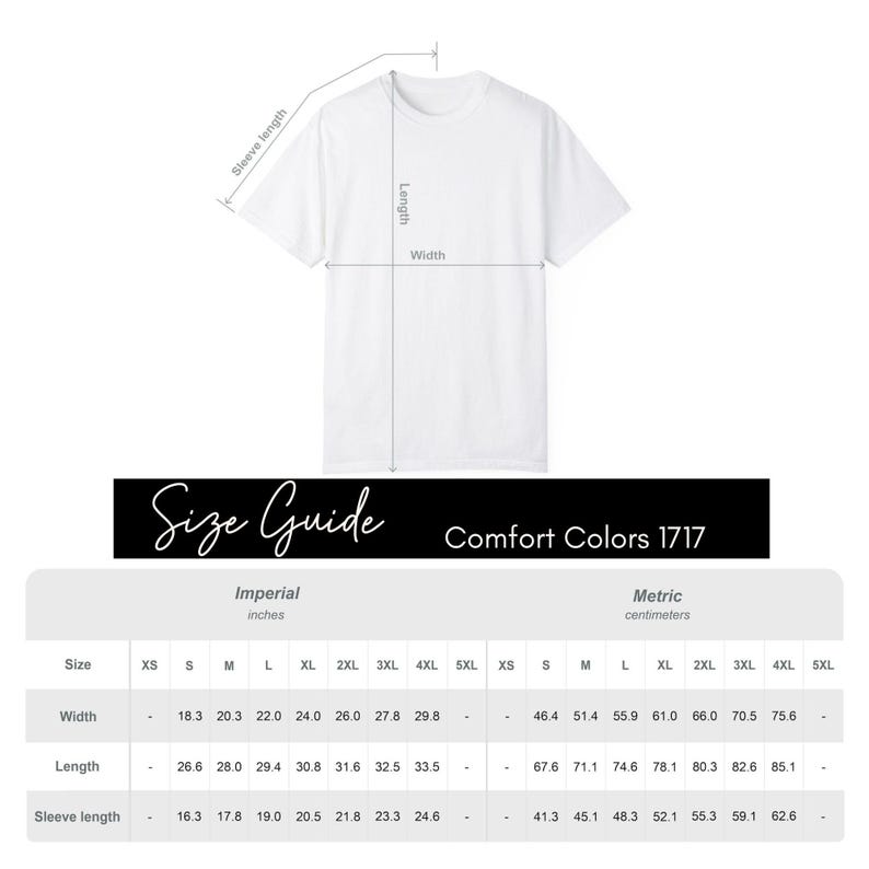 Pu&ograve; includere: T-shirt bianca con misure di larghezza, lunghezza e lunghezza manica. L'immagine include una guida alle taglie con misure imperiali in pollici e misure metriche in centimetri. Viene visualizzato il testo "Size Guide Comfort Colors 1717".